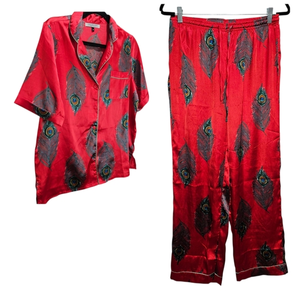 Their Nibs Anthroplogie Red Peacock Feather Satin Pajama Set Top Pants Medium - Picture 1 of 14
